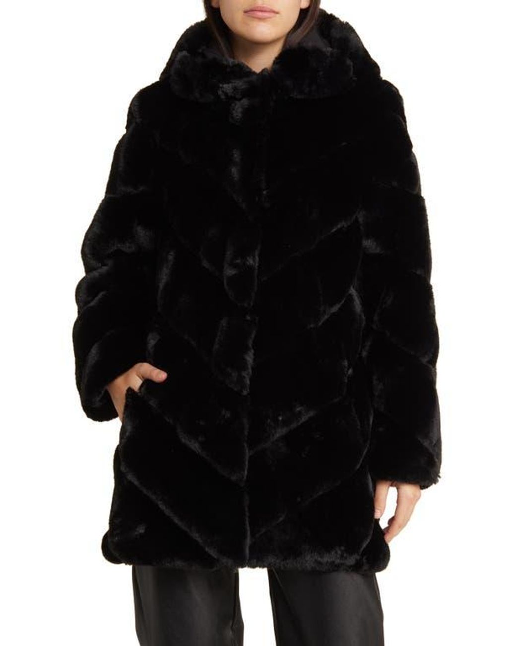 BCBGMAXAZRIA Chevron Faux Fur Hooded Jacket in Black Lyst