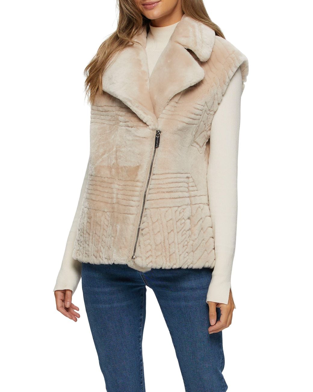 Gorski Natural Genuine Shearling Zip Vest With Grooved Pattern