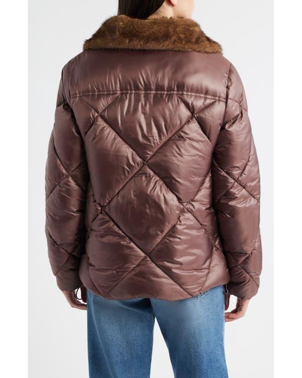 Sam Edelman Jacket Sam Edelman Diamond Quilted Puffer Jacket With Faux Fur Hood in Brown ...