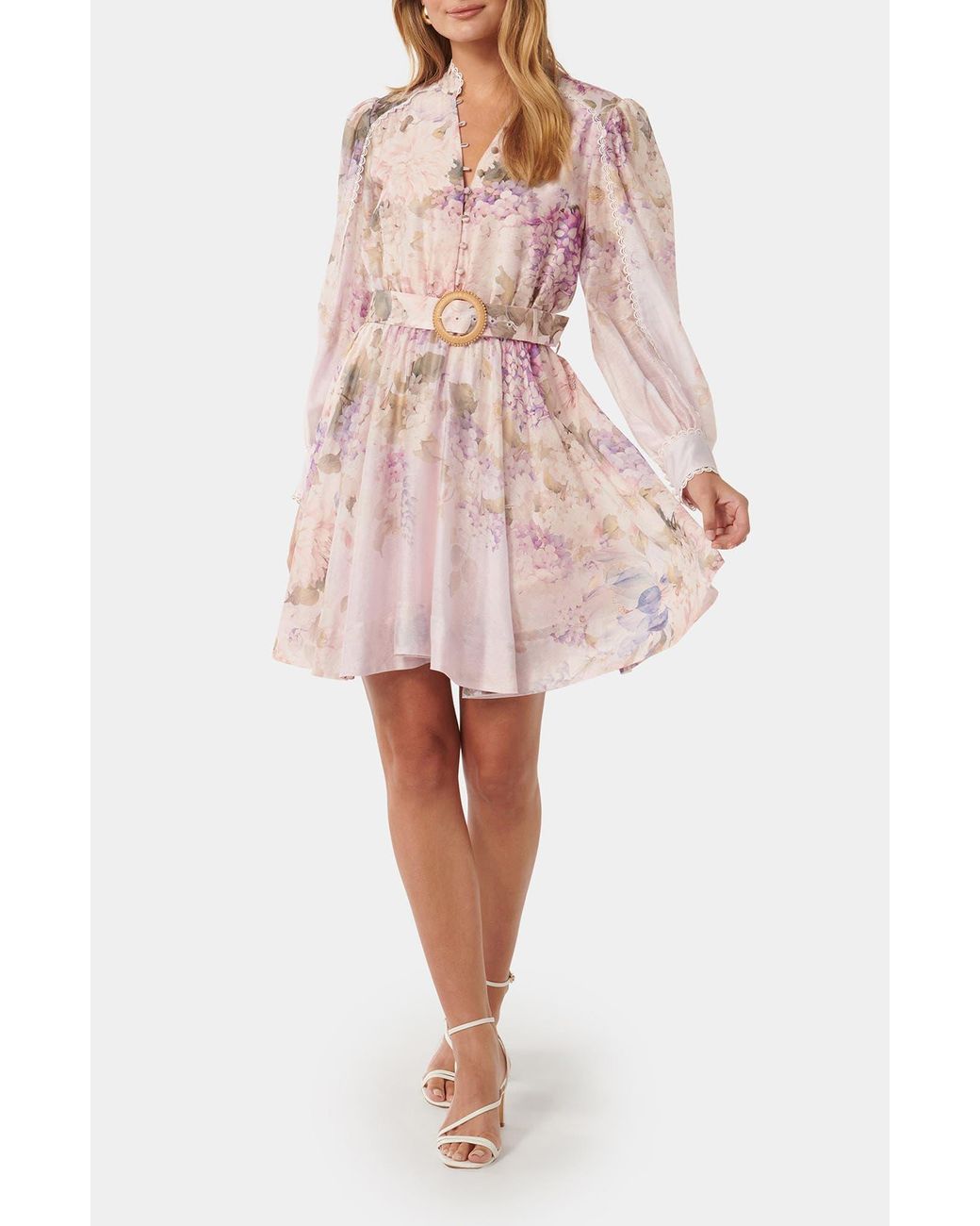 EVER NEW Vienna Lace Trim Belted Long Sleeve Shirtdress in