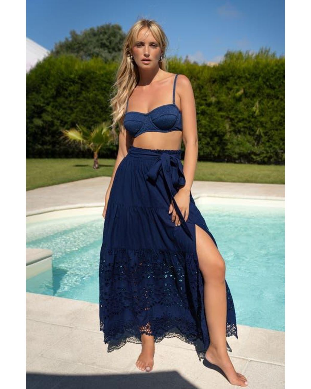 Change of Scenery Blue Jenni Tiered Belted Eyelet Smock Waist Skirt