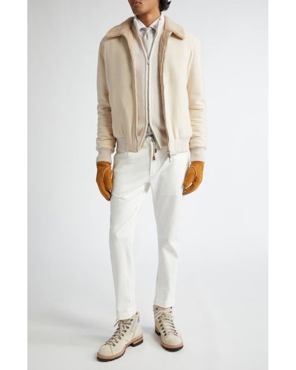 Eleventy Boiled Wool Genuine Shearling Bomber Jacket in Natural for Men Lyst