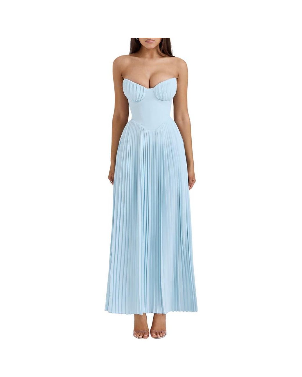 House Of Cb Marcella Strapless Pleated Georgette Gown in Blue | Lyst