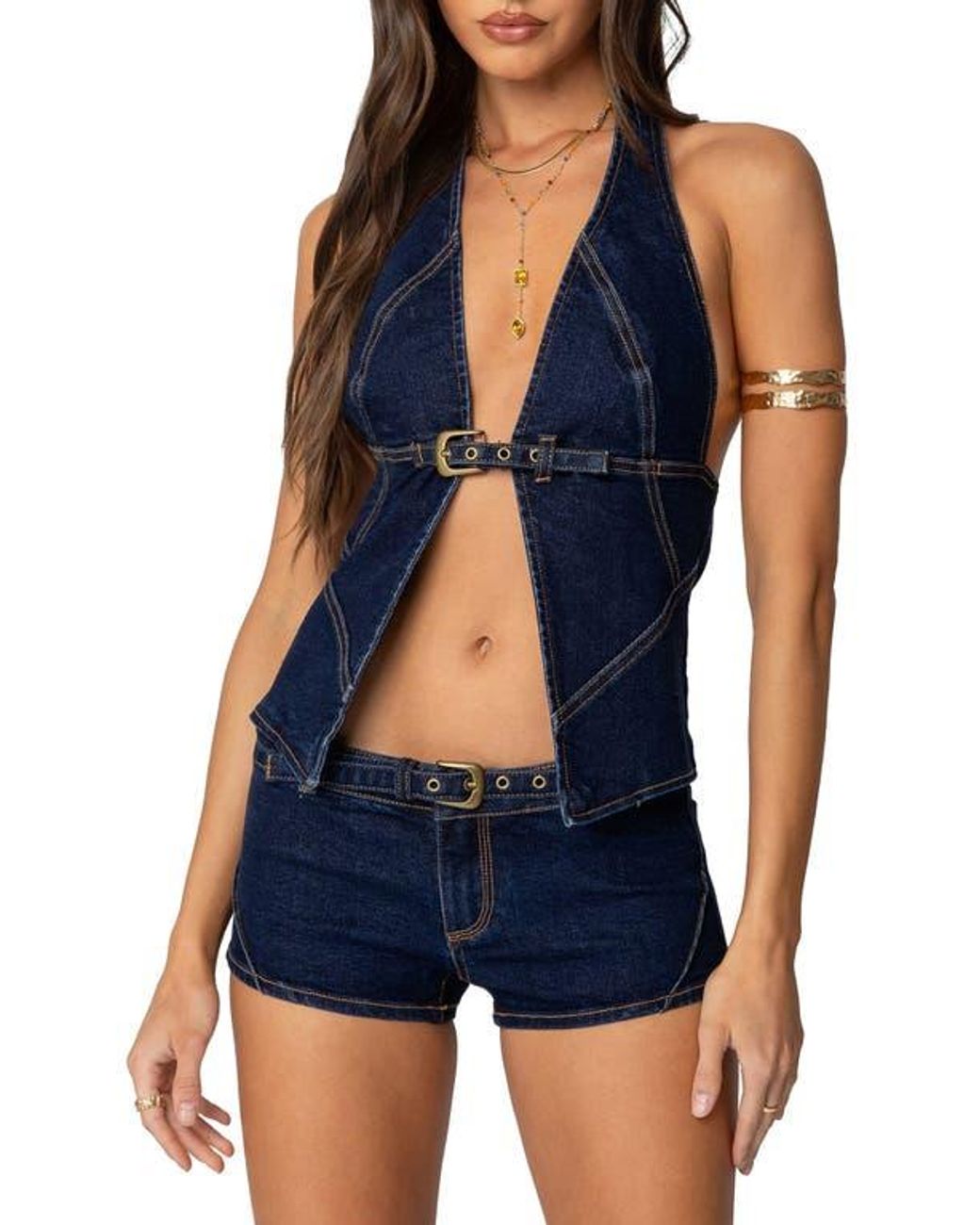 Edikted Blue Ciel Split Front Denim Halter Top