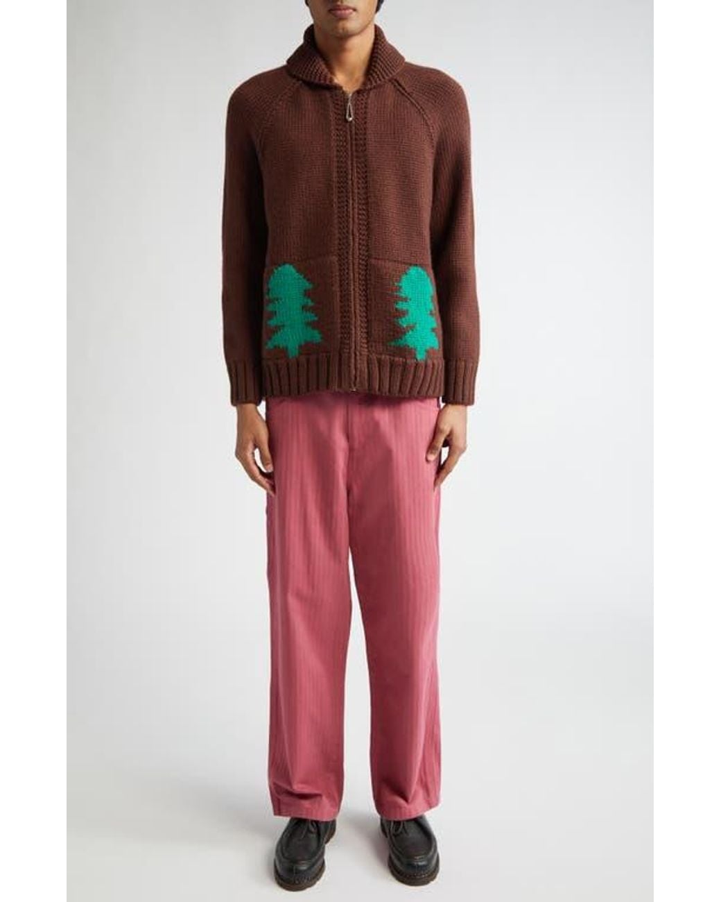 Bode Brown Fir Shawl Collar Wool Zip Cardigan for men