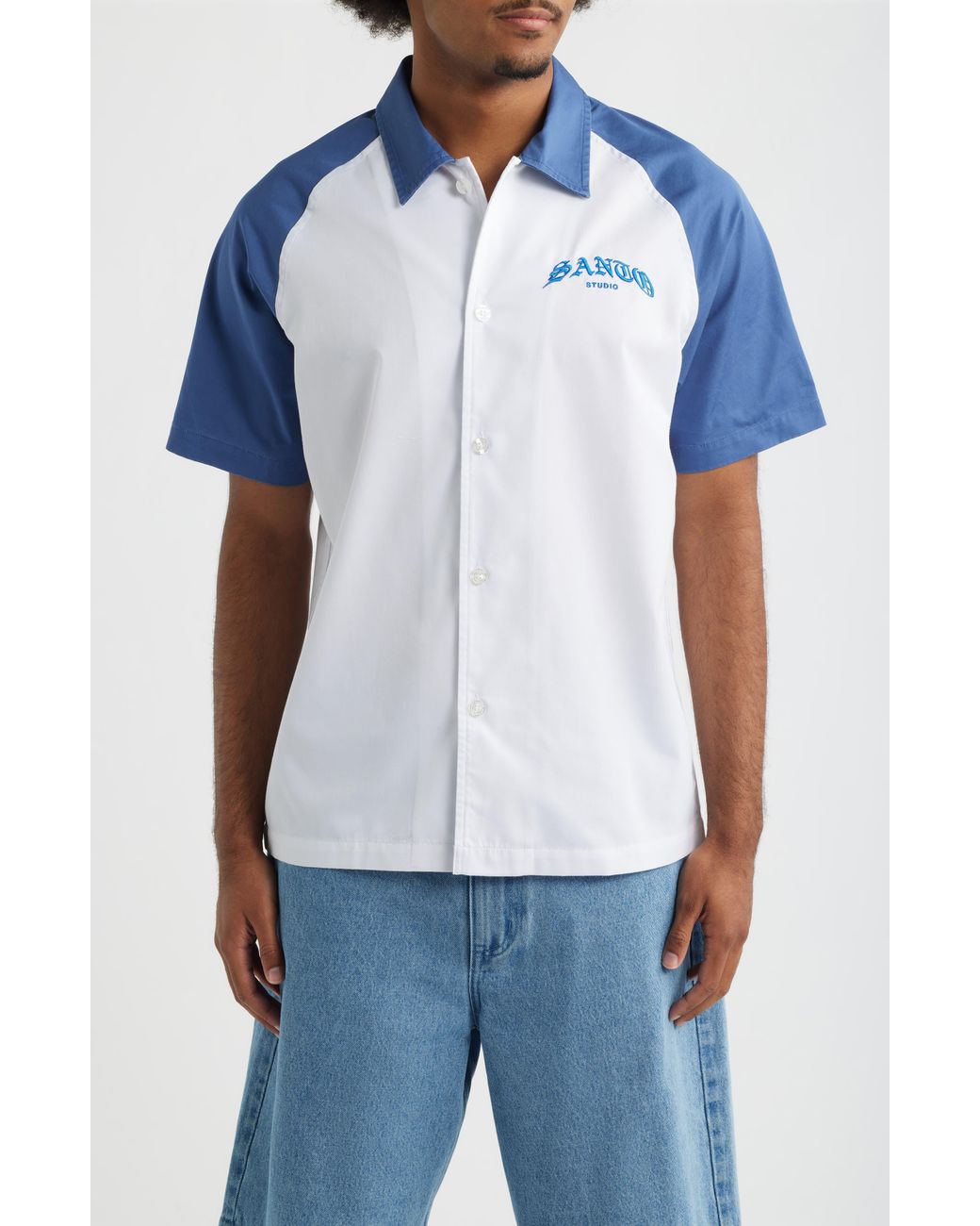 Saint Studio Blue 888 Raglan Short Sleeve Cotton Button-Up Shirt for men