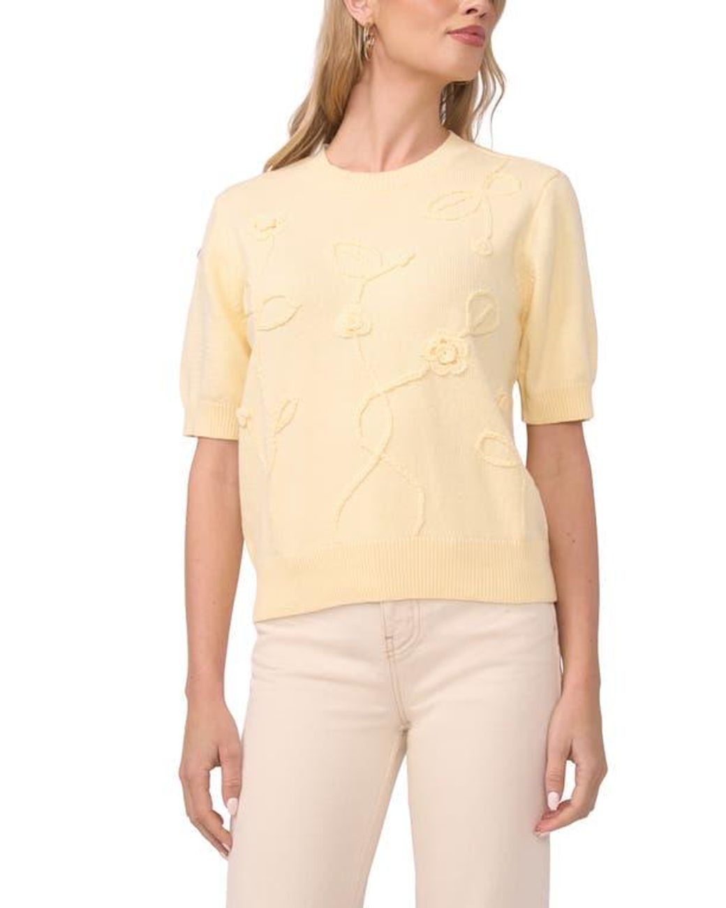 Vince Camuto Natural Floral Appliqué Cotton Blend Sweater