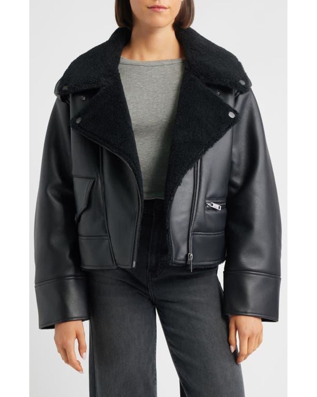 UGG Finnian Oversize Faux Leather & Luxefluff Moto Jacket in Black