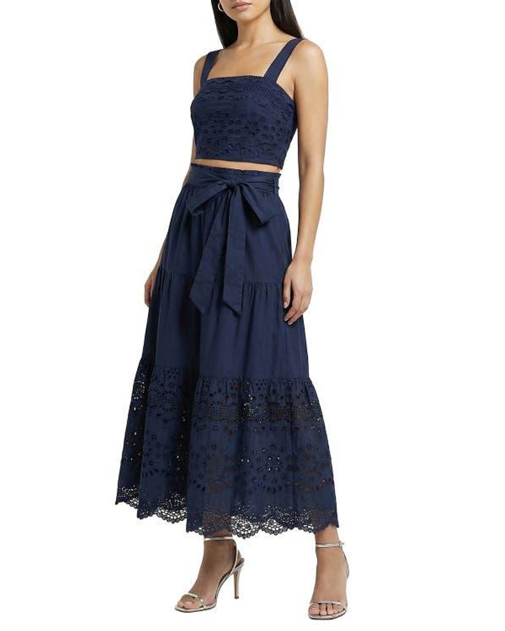 Change of Scenery Blue Jenni Tiered Belted Eyelet Smock Waist Skirt