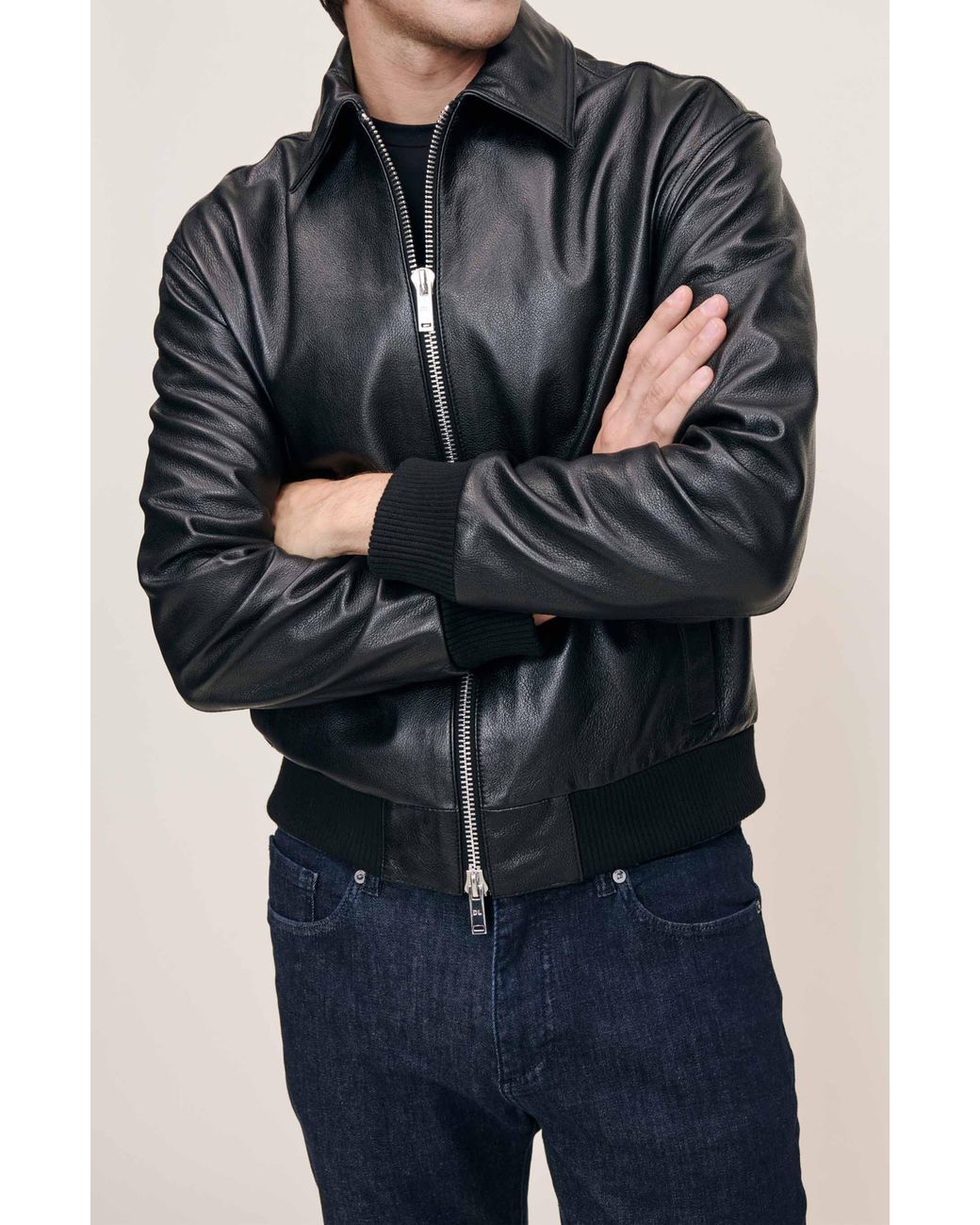 DL1961 Blue Zip Front Leather Bomber Jacket for men