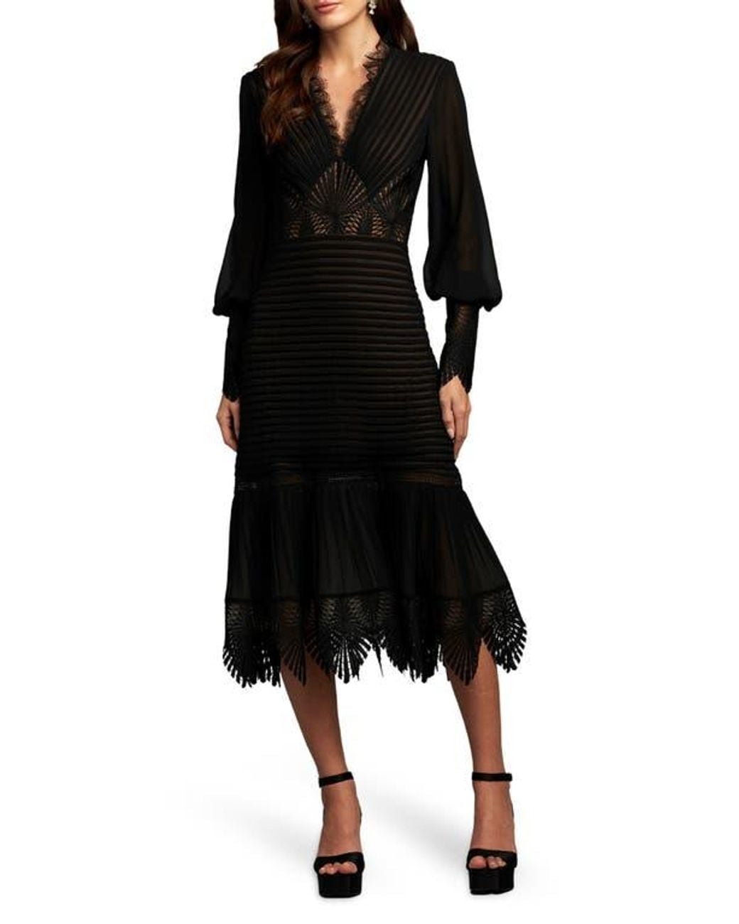 Tadashi Shoji Ribbed Lace Trim Long Sleeve Midi Cocktail Dress in Black |  Lyst
