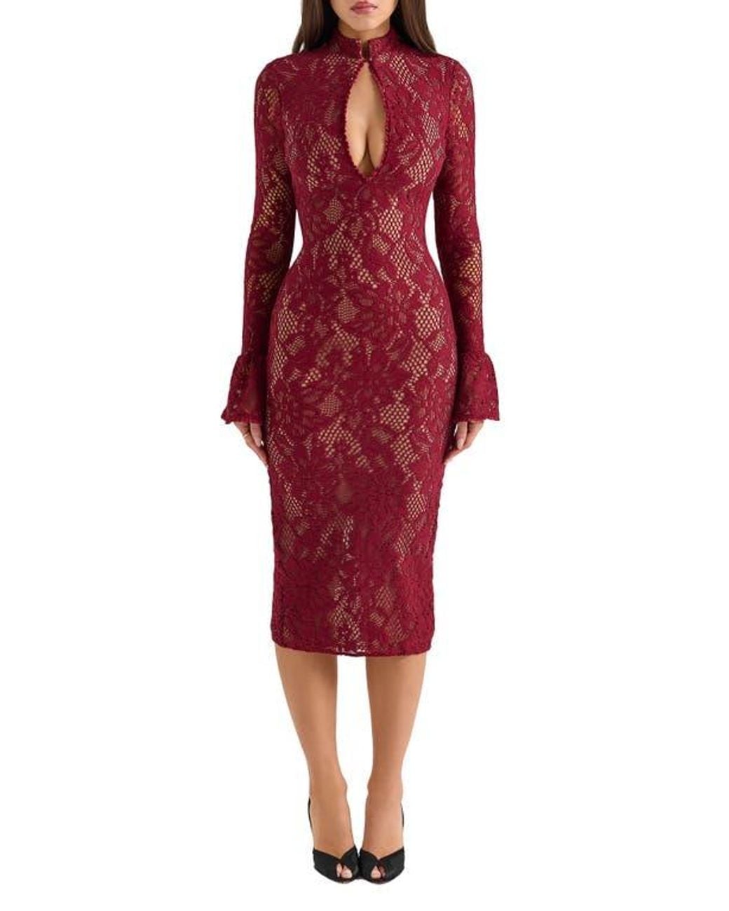 Leg Avenue Women's Lace Bodycon Gown - Heart Net Detail Long Sleeve Dress