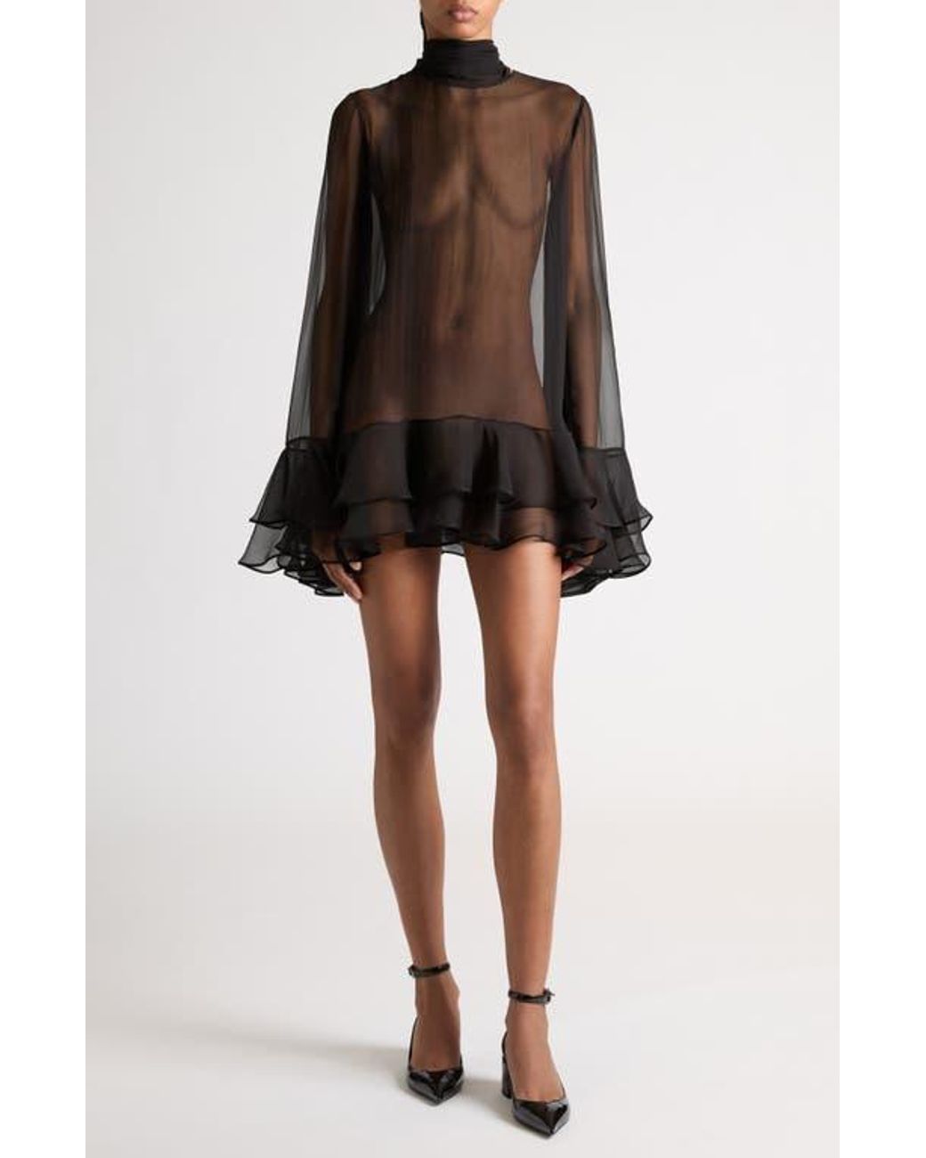 Valentino Garavani Tiered Ruffle Long Sleeve Sheer Silk Chiffon Minidress  in Black | Lyst