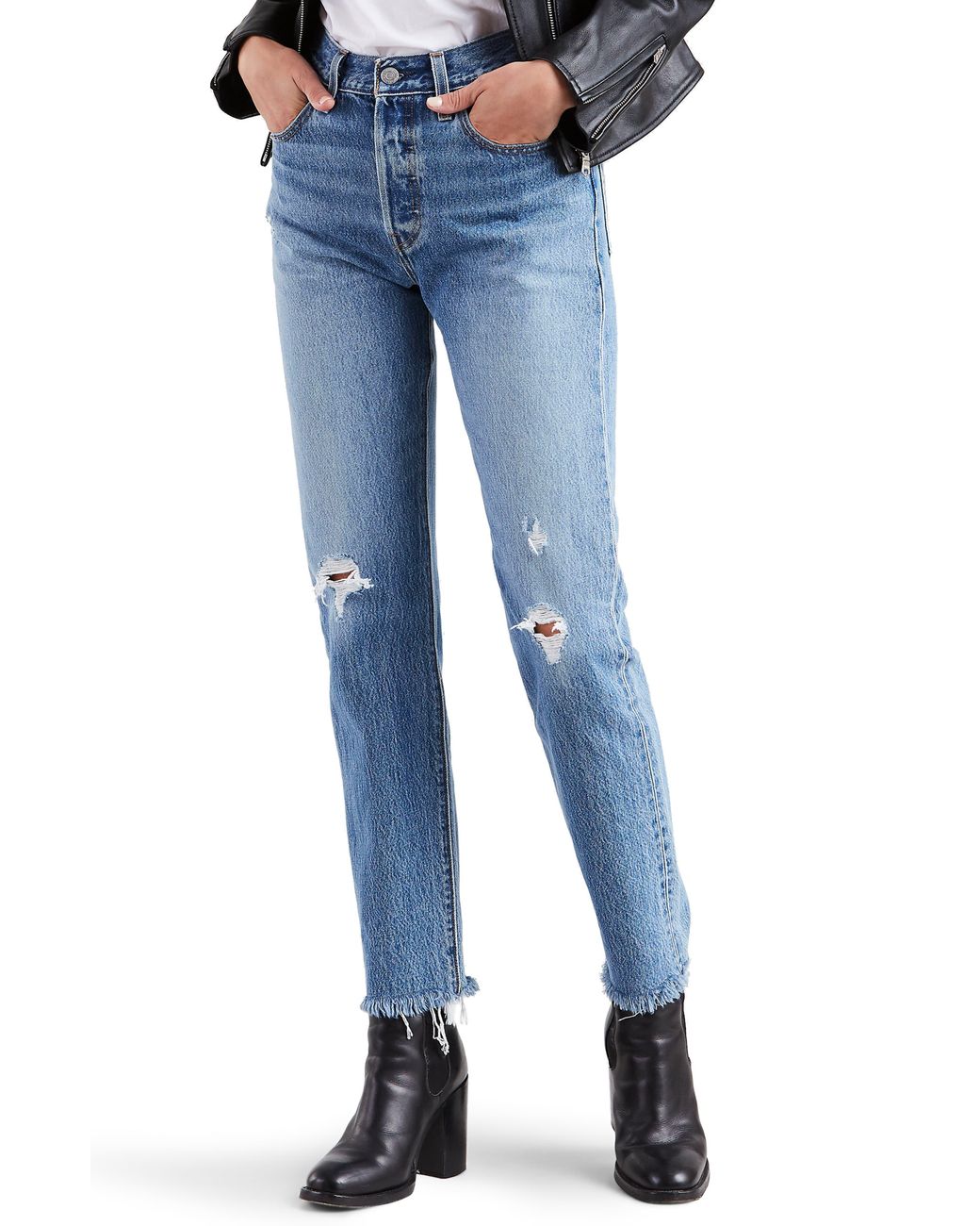 Levi's 501 High Waist Ripped Fray Hem Skinny Jeans in Blue | Lyst