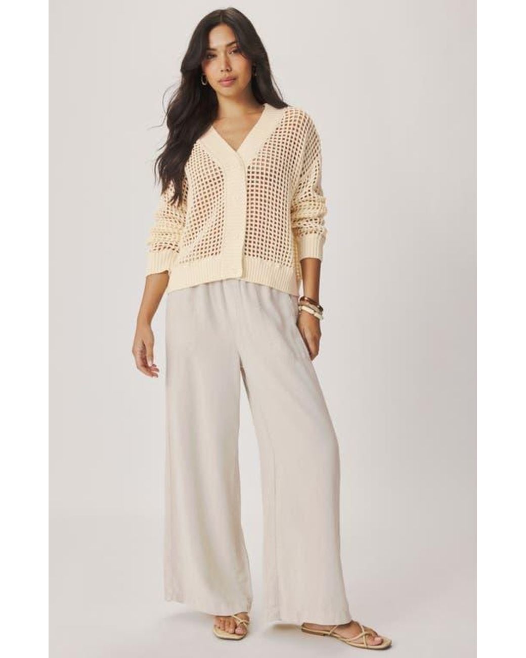 Splendid Natural Camellia Openwork V-Neck Cotton Blend Cardigan