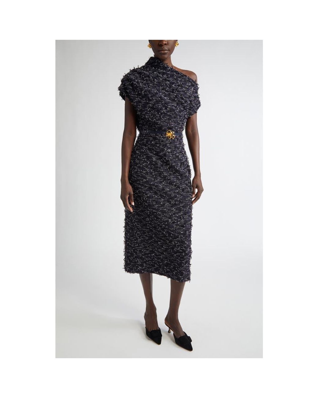 Oscar de la Renta Asymmetric Belted Eyelash Tweed Dress in