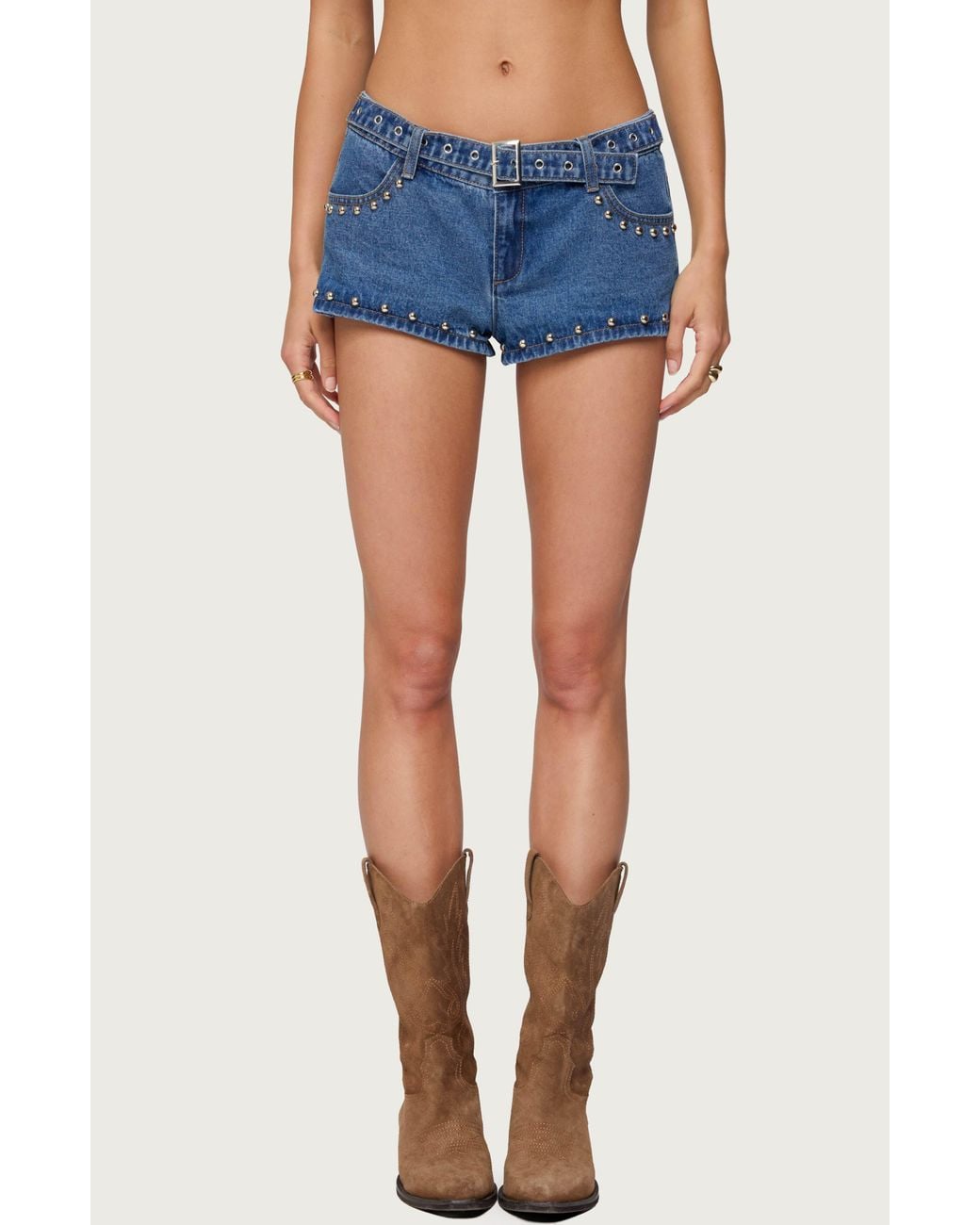 Edikted Blue Grommet Stud Micro Shorts