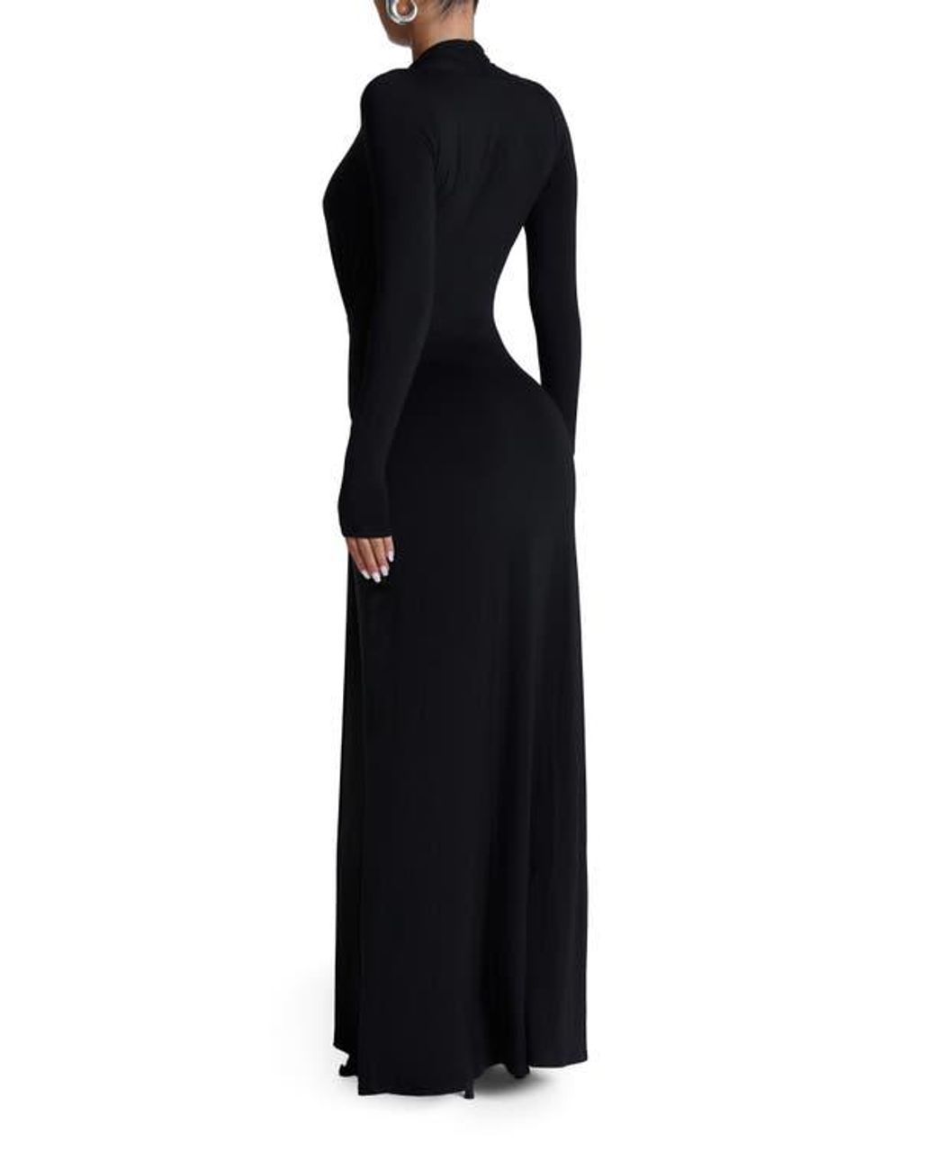 Naked Wardrobe Plunge Neck Long Sleeve Stretch Jersey Maxi Dress in Black |  Lyst