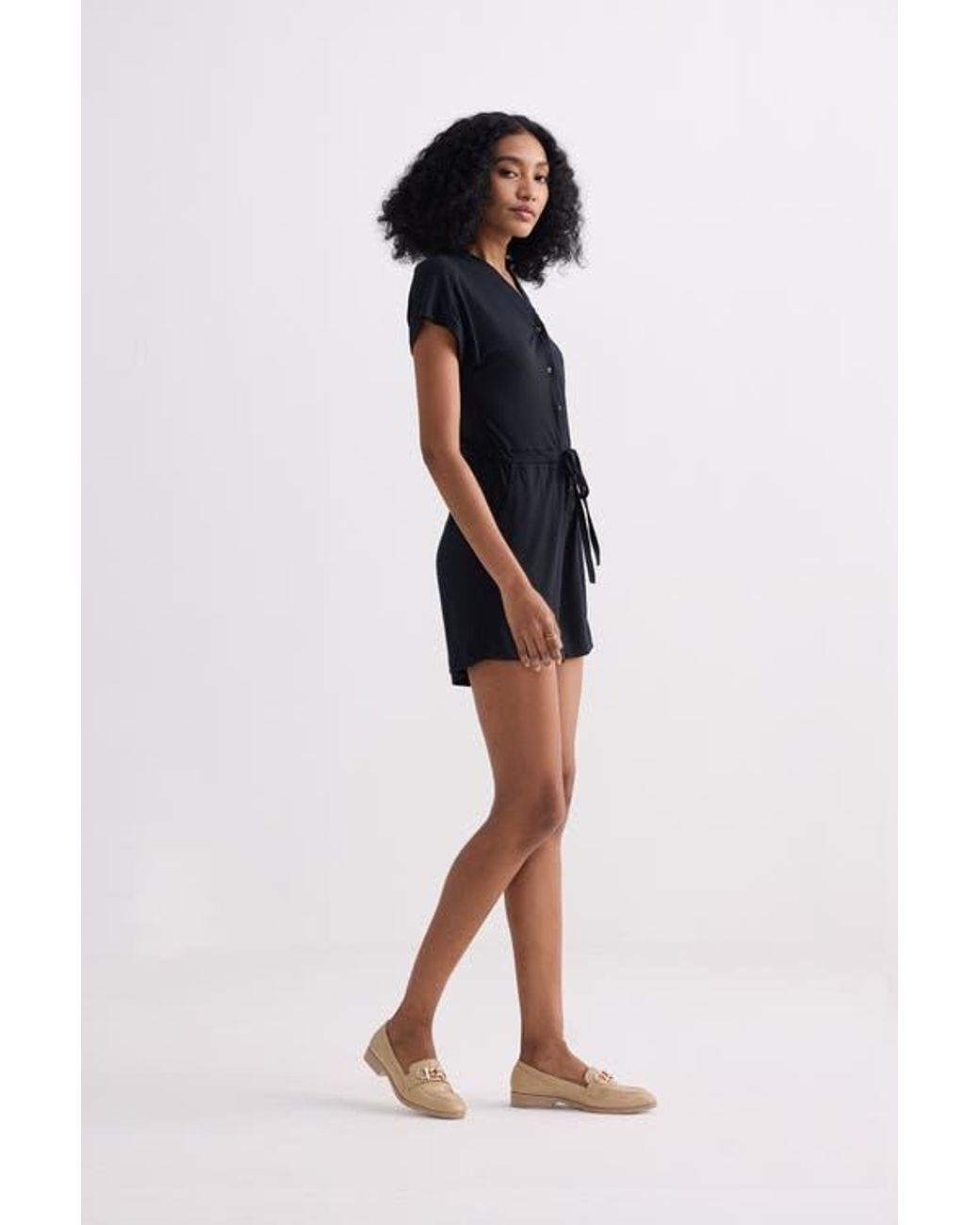 REISTOR Black V Neck Drawstring Knit Romper