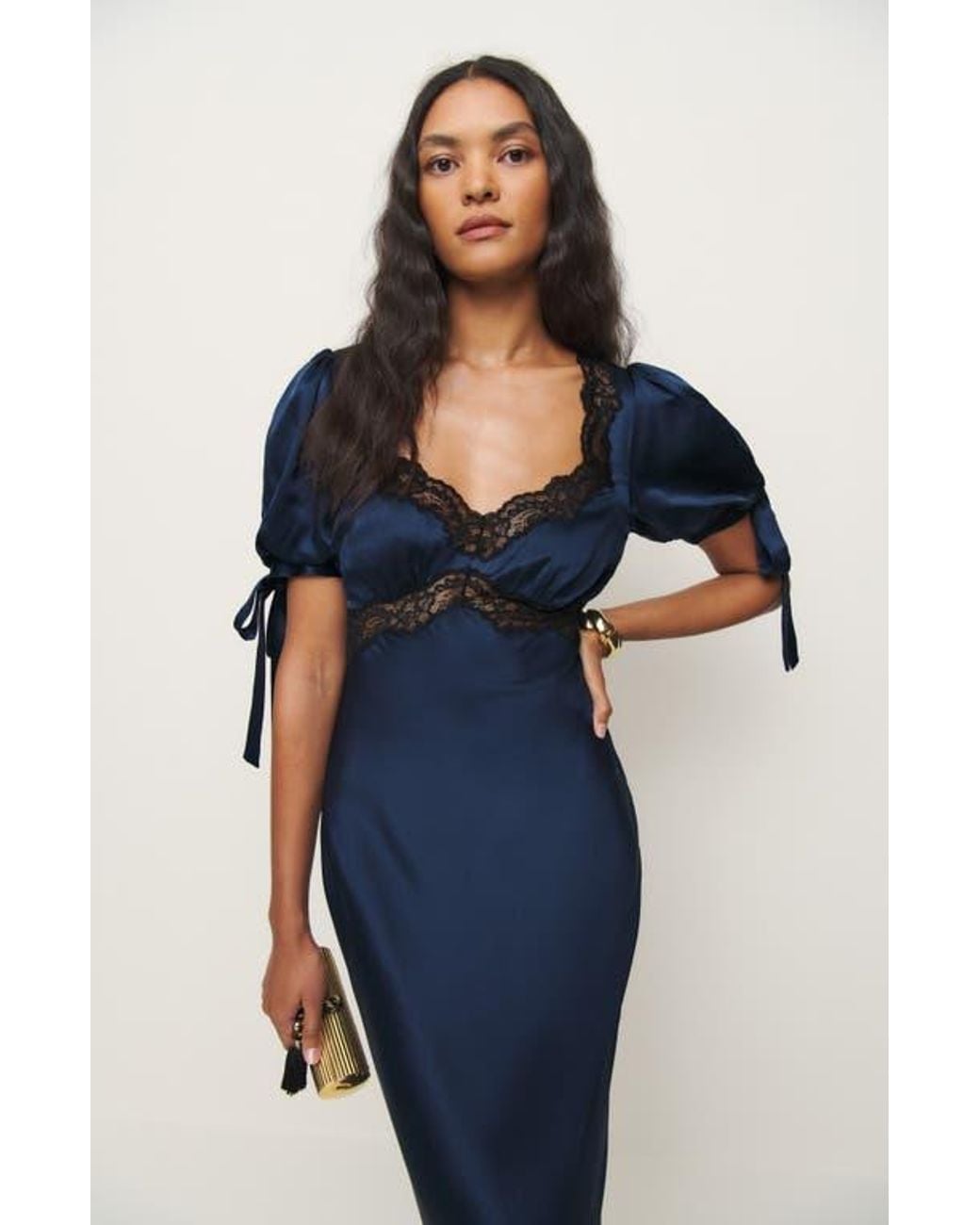 x kacey musgraves stella lace trim silk midi dress Reformation X Kacey Musgraves Stella Lace Trim Silk Midi Dress in Blue