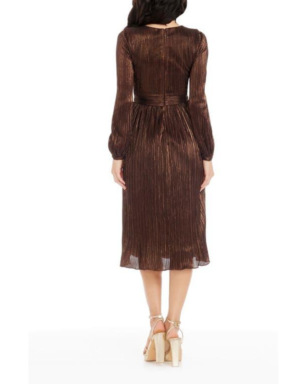 Dress the Population Holly Long Sleeve Metallic Pliss Dress in Brown | Lyst