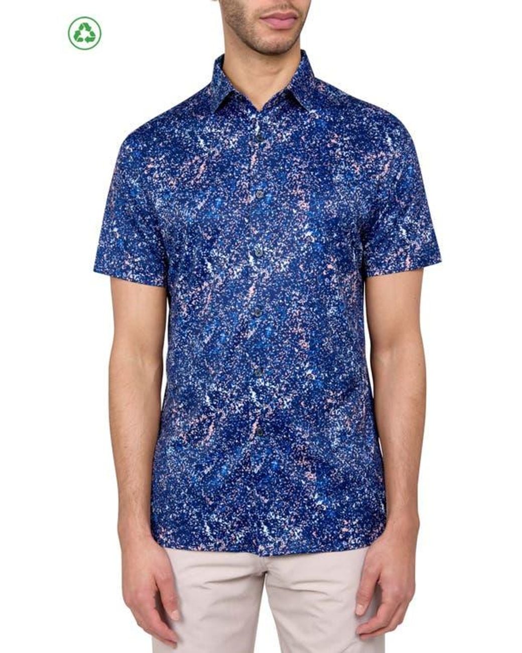 Con.struct Blue Regular Fit Splatter Print Recycled Performance Golf Button-Down Shirt for men