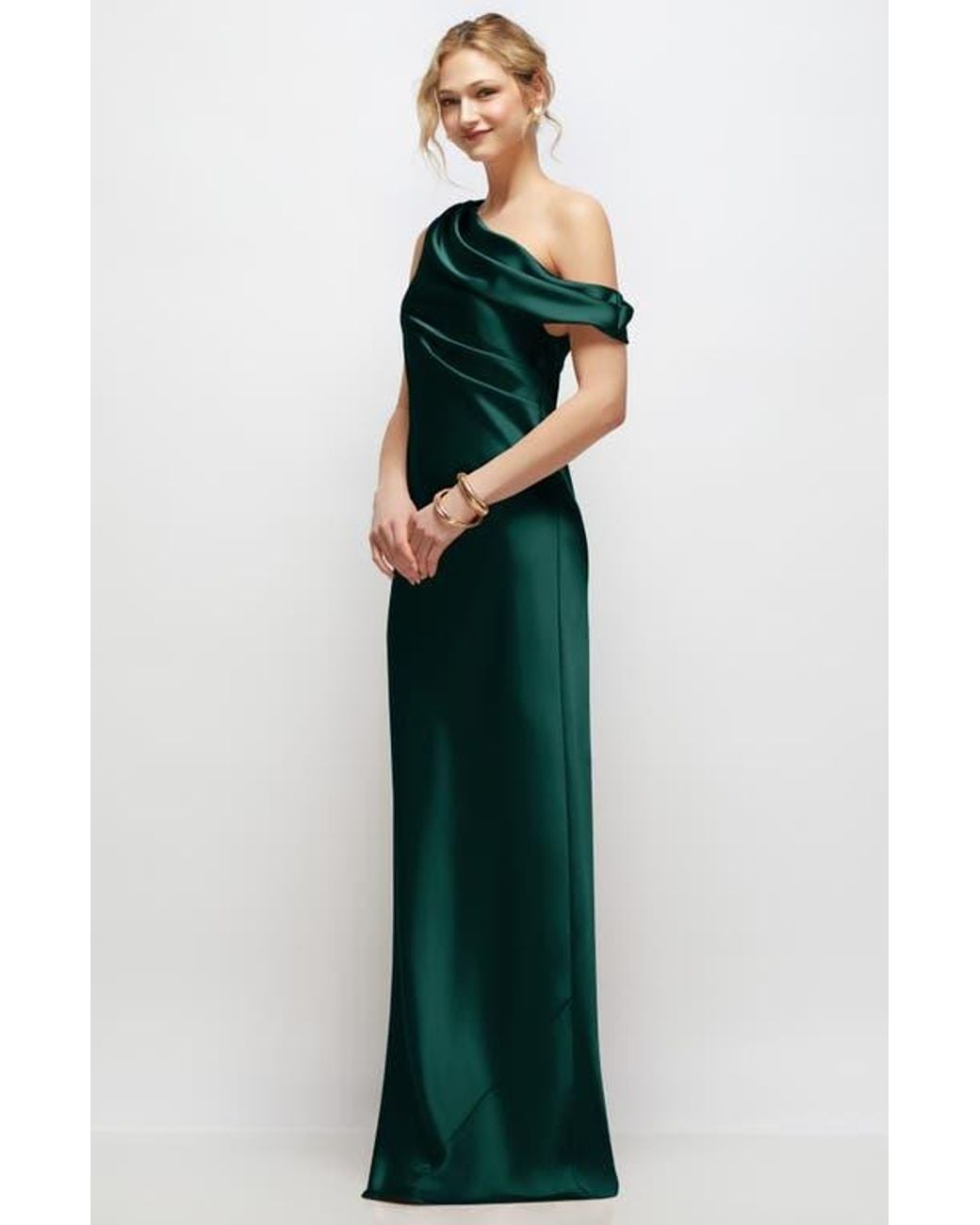 After Six Draped One-Shoulder Satin Charmeuse Gown in Green | Lyst