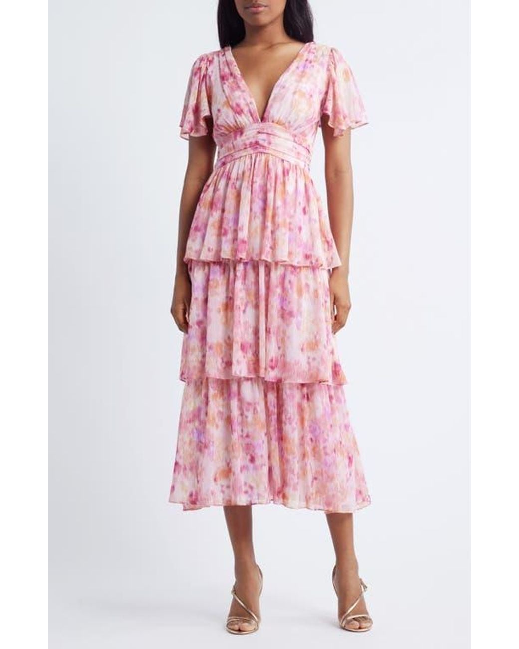 white christmas dresses Pleated Bodice Plain Chiffon Tiered Midi Dress – Akura Clothing main image 1