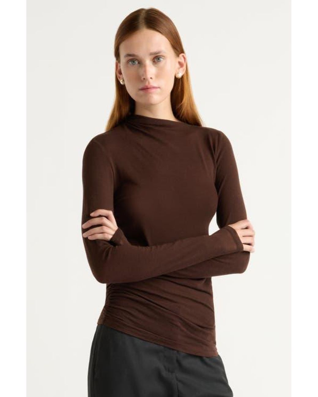 MODERN CITIZEN Vittoria Asymmetric-Neck Semi-Sheer Ruched Tee in Brown ...