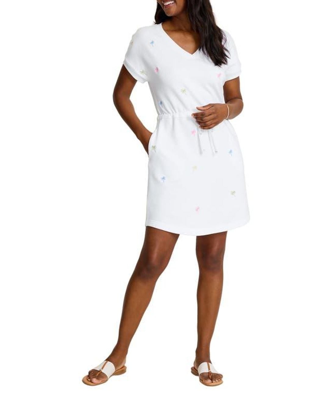 Tommy Bahama White Marina Del Mar Embroidered Palm Tree Cotton Fleece V-Neck Dress