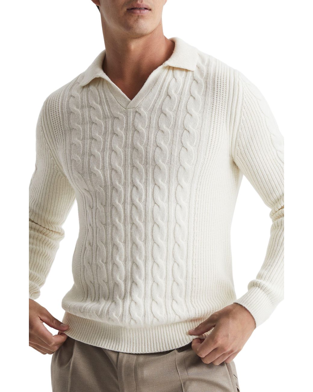 Reiss Cumberland Cable Knit Polo Sweater in White for Men | Lyst