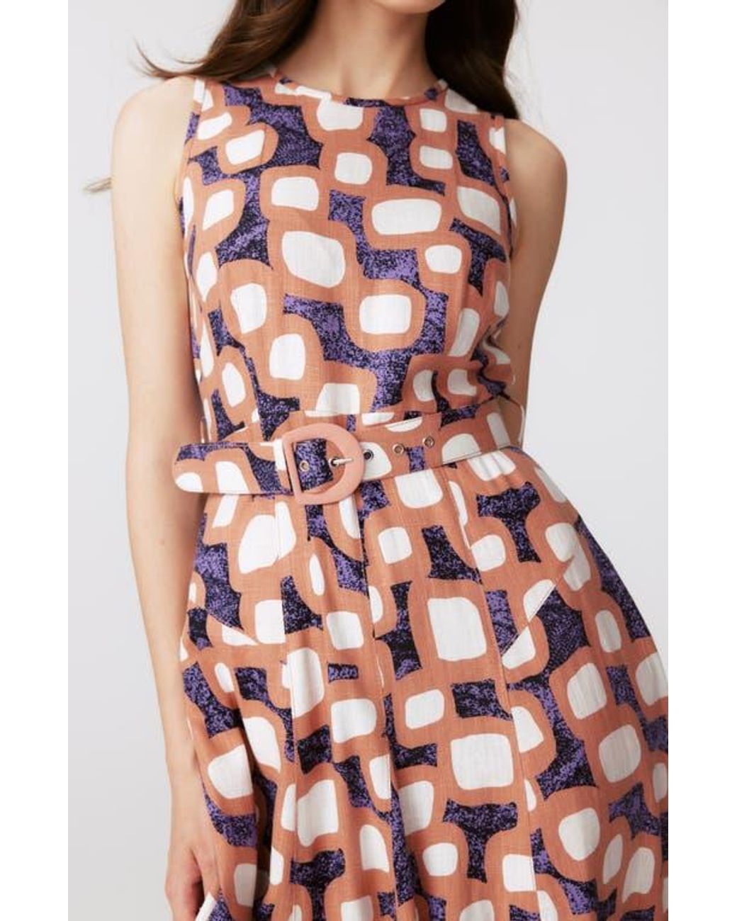 Diane von Furstenberg White Elliott Abstract Print Sleeveless Midi Dress