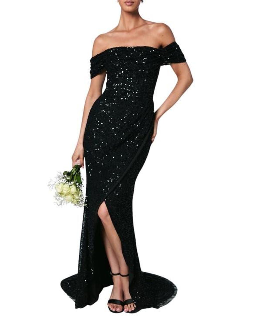 Coast Sequin Bardot Maxi Bridesmaid Dress in Black