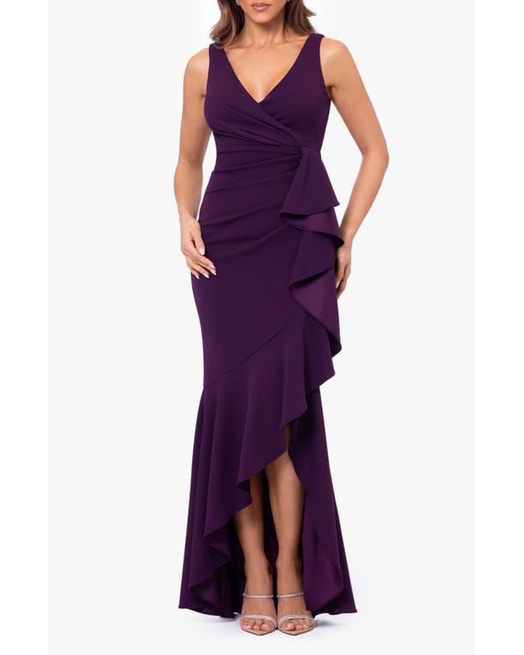 Betsy & Adam V-Neck Cascade Ruffle High-Low Gown in Purple | Lyst