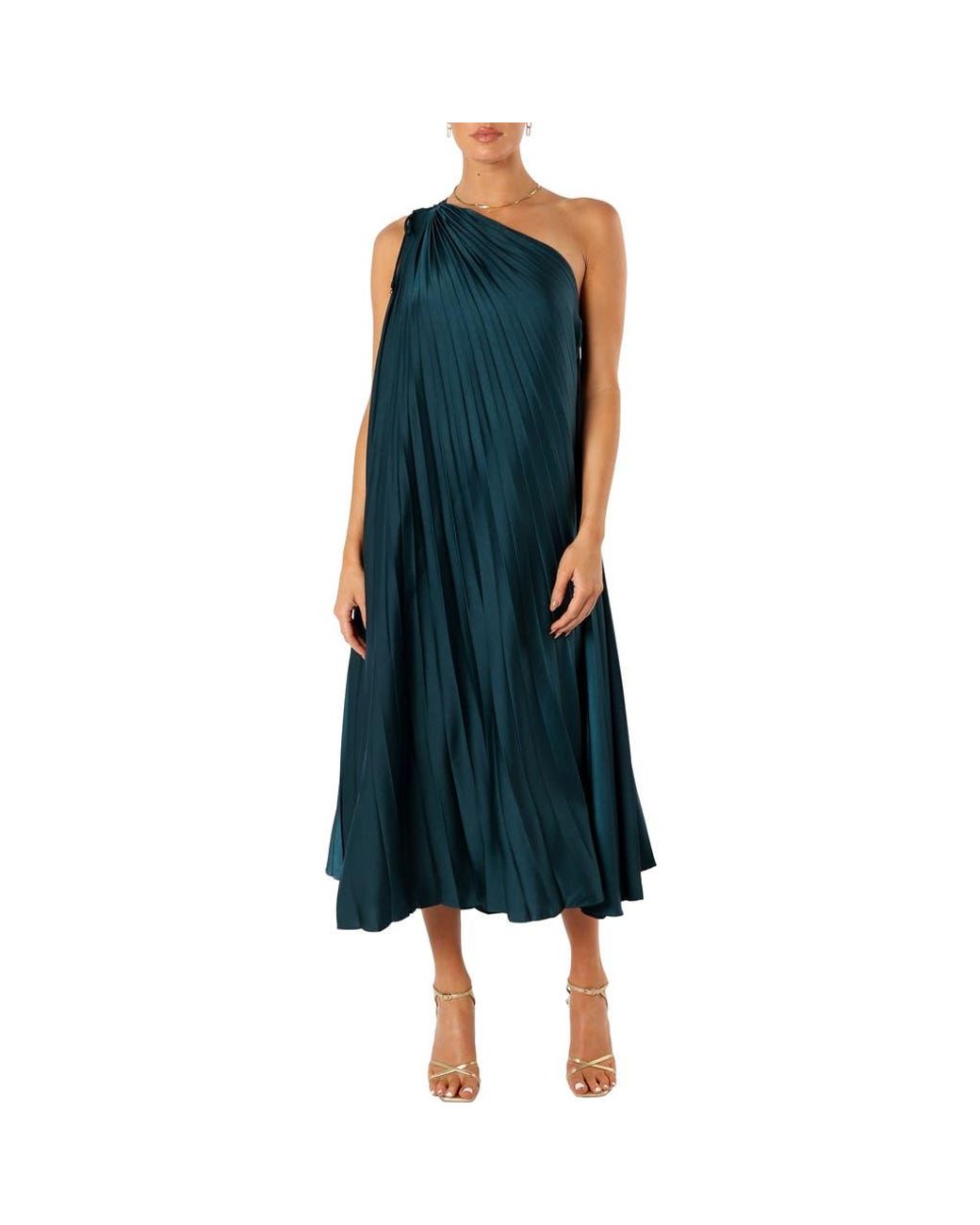 knee length dresses for ladies Pontee One Shoulder Pleated Midi Dress
