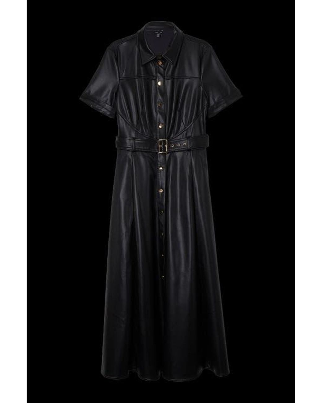 Karen Millen Faux Leather Belted Midi Shirt Dress in Black | Lyst