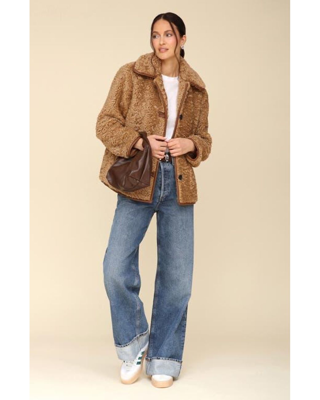 Avec Les Filles Faux Shearling Teddy Coat With Faux Ever Leather Trim in Brown Lyst