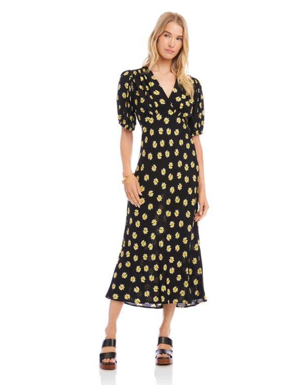 Karen Kane Daisy Print Puff Sleeve Midi Dress In Black Lyst Karen Kane Daisy Print Puff Sleeve Midi Dress In Black Lyst