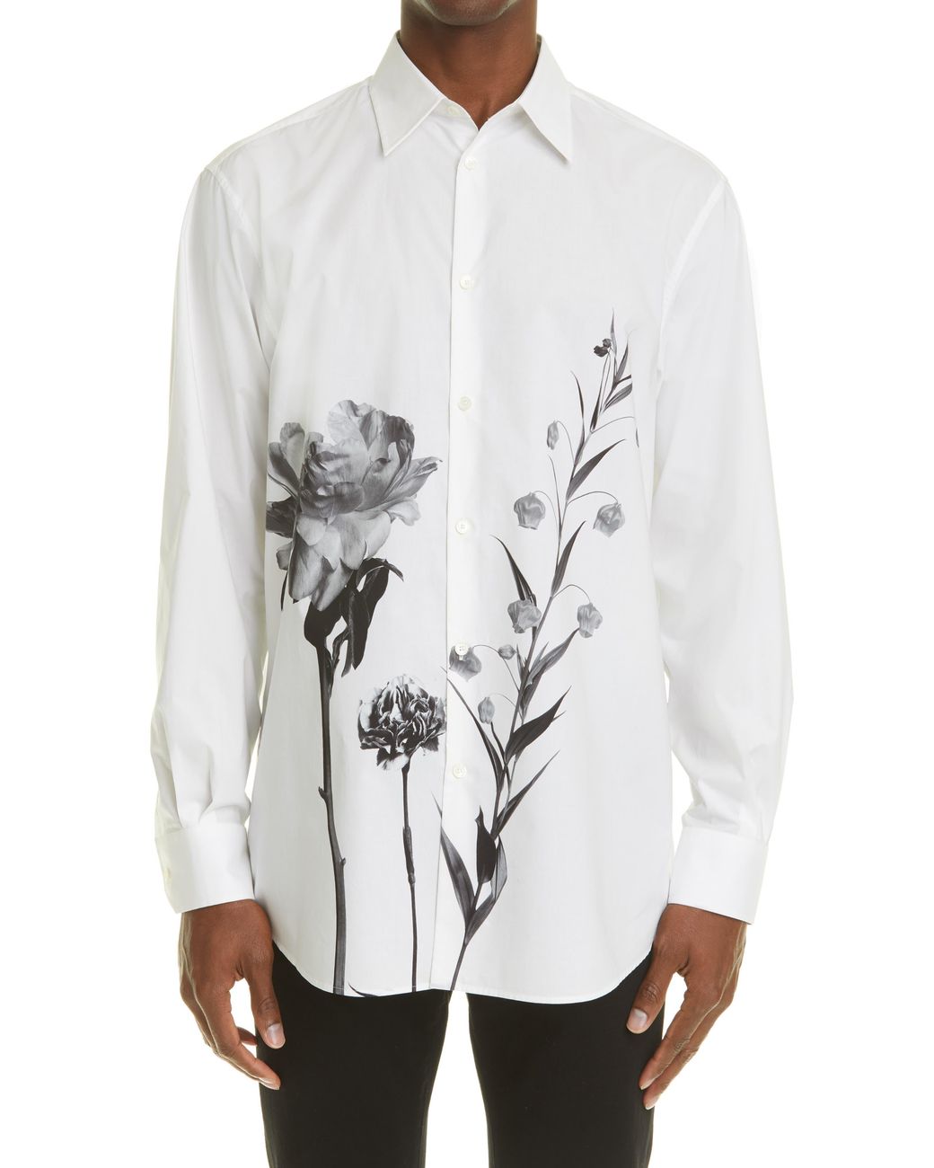 Valentino Floral Print Long Sleeve Button-up Poplin Shirt in White ...
