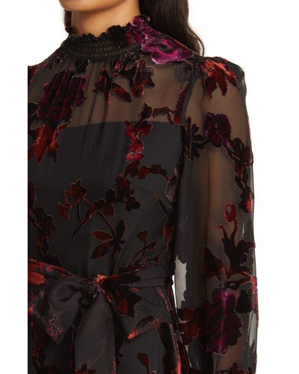 Eliza J Smocked Trim Long Sleeve Velvet Burnout Dress in Black | Lyst