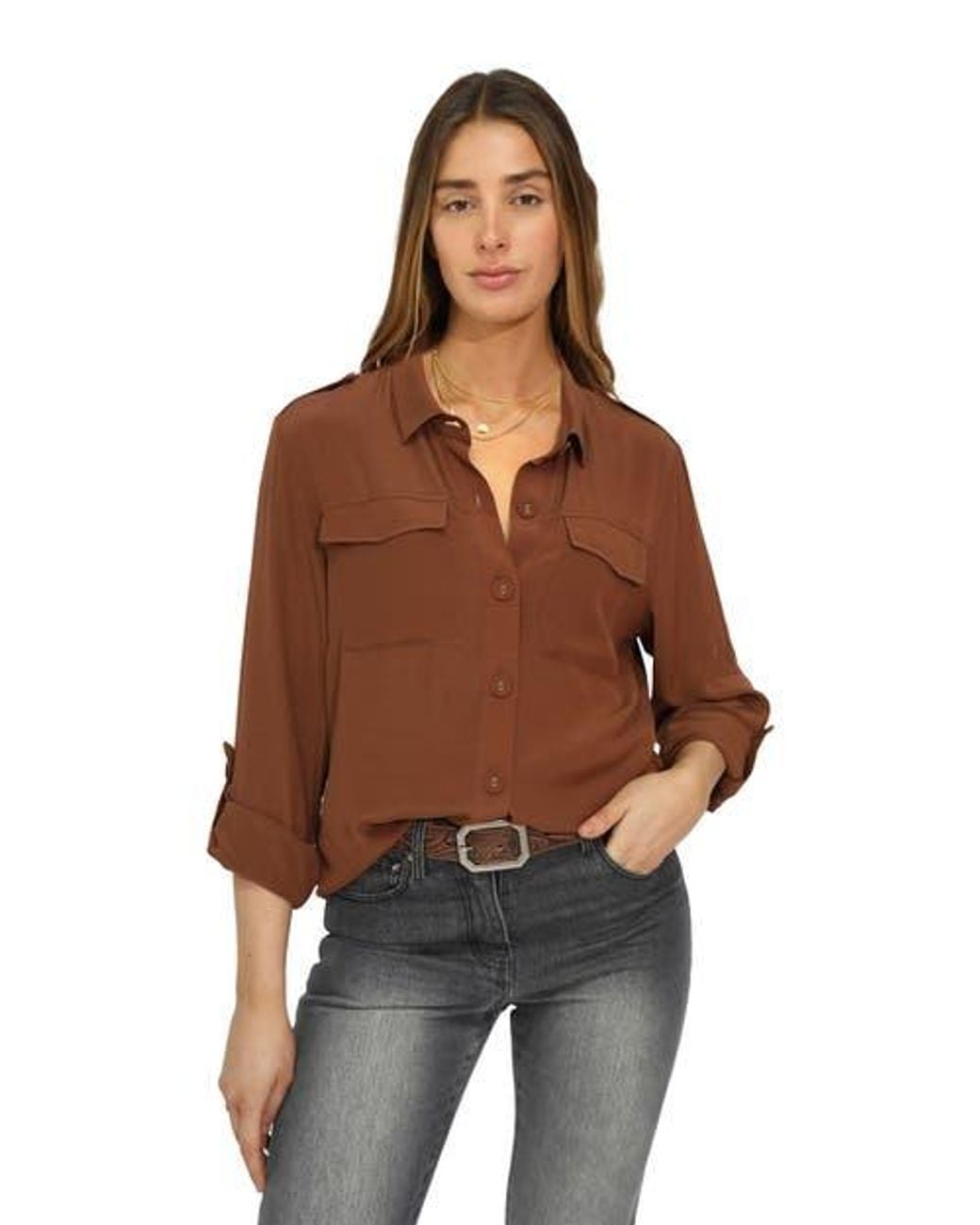 Belle & Bloom Brown Eclipse Rolled Sleeve Blouse