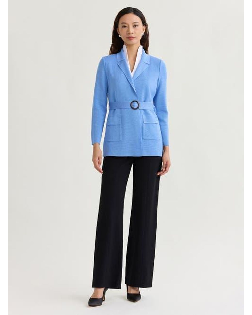 Misook Blue Belted Tonal Flat Knit Jacket
