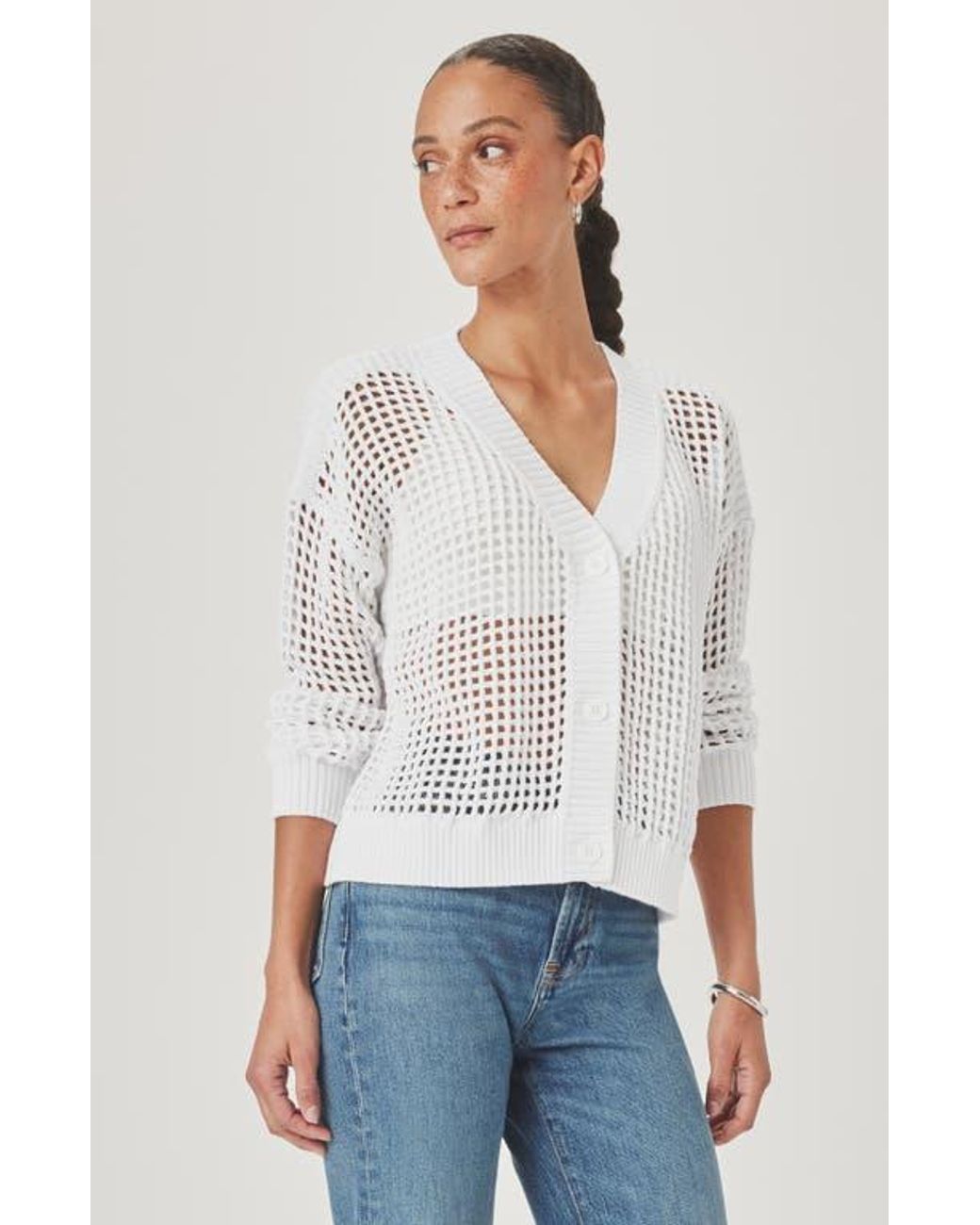 Splendid White Camellia Openwork V-Neck Cotton Blend Cardigan