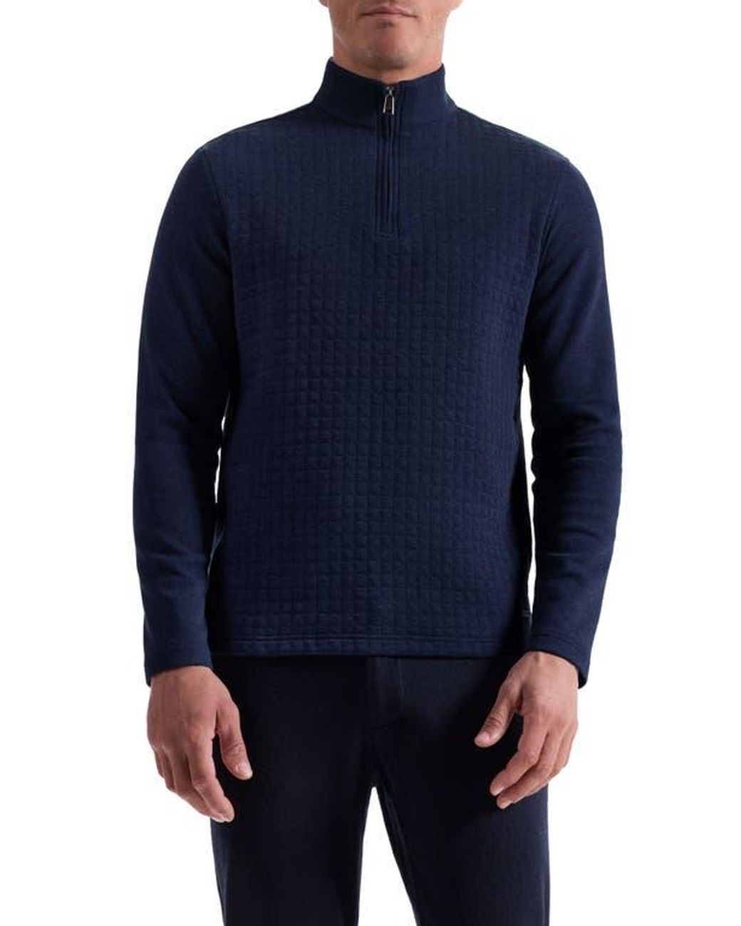 Bugatchi Blue Waffle Quarter Zip Cotton Blend Pullover for men