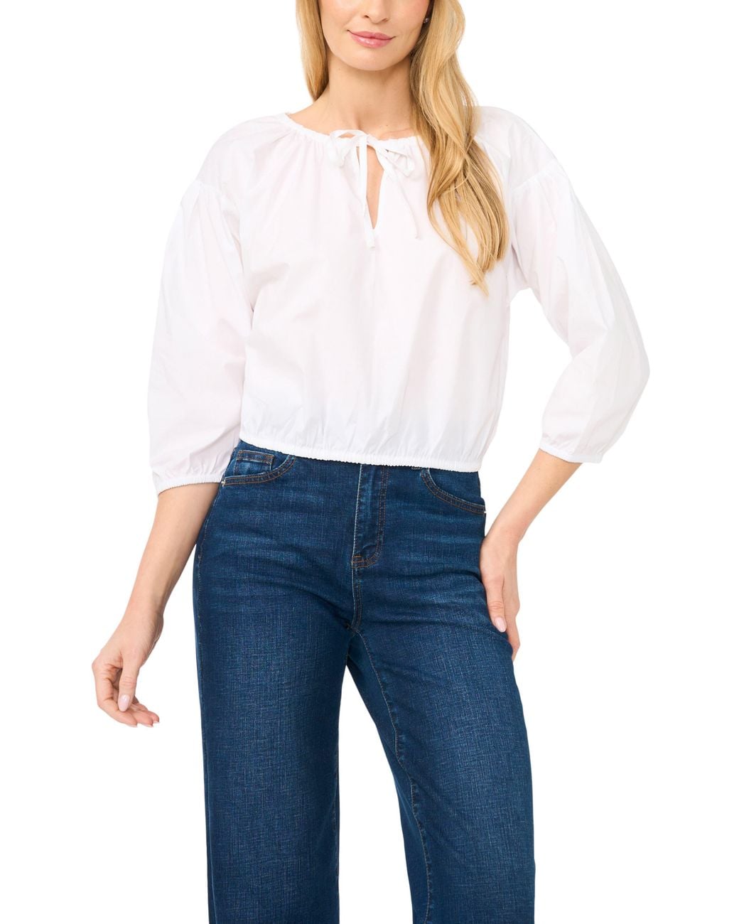 Cece Blue Drop Shoulder Split Neck Top