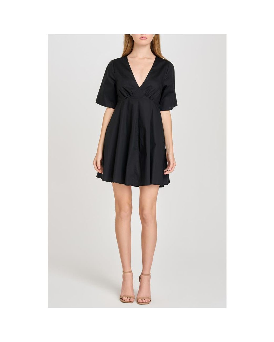 black short sleeve babydoll dress Women's Babydoll Mini Dress Summer V Neck Flutter Sleeve Boho Floral Flowy Shift Short Dress Solid Black L