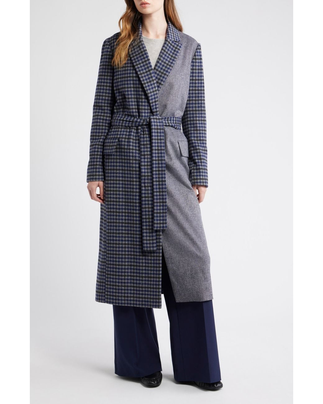 d.RA Blue Maggie Blockcheck Wool Blend Wrap Coat