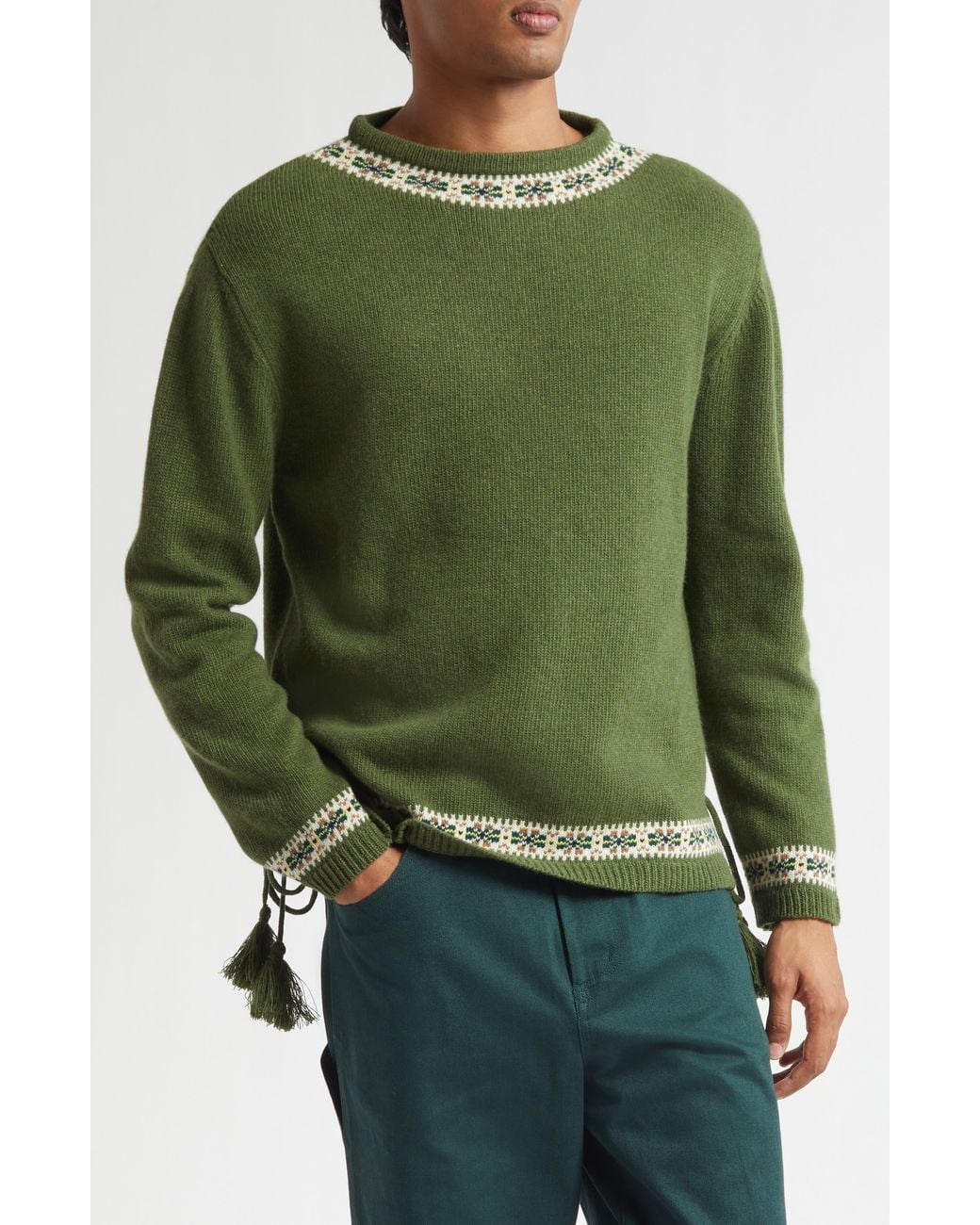 Bode Green Moritz Tassel Trim Virgin Wool Sweater for men