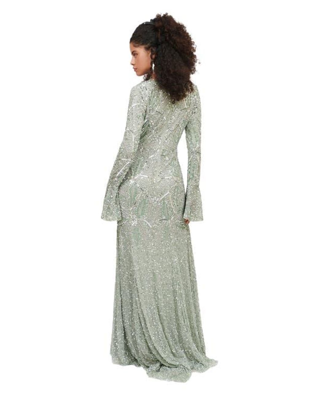 MARYISA Occasion Modest Embellished Sequin Beaded Cape Sleeves Evening Maxi  Dress in Green | Lyst