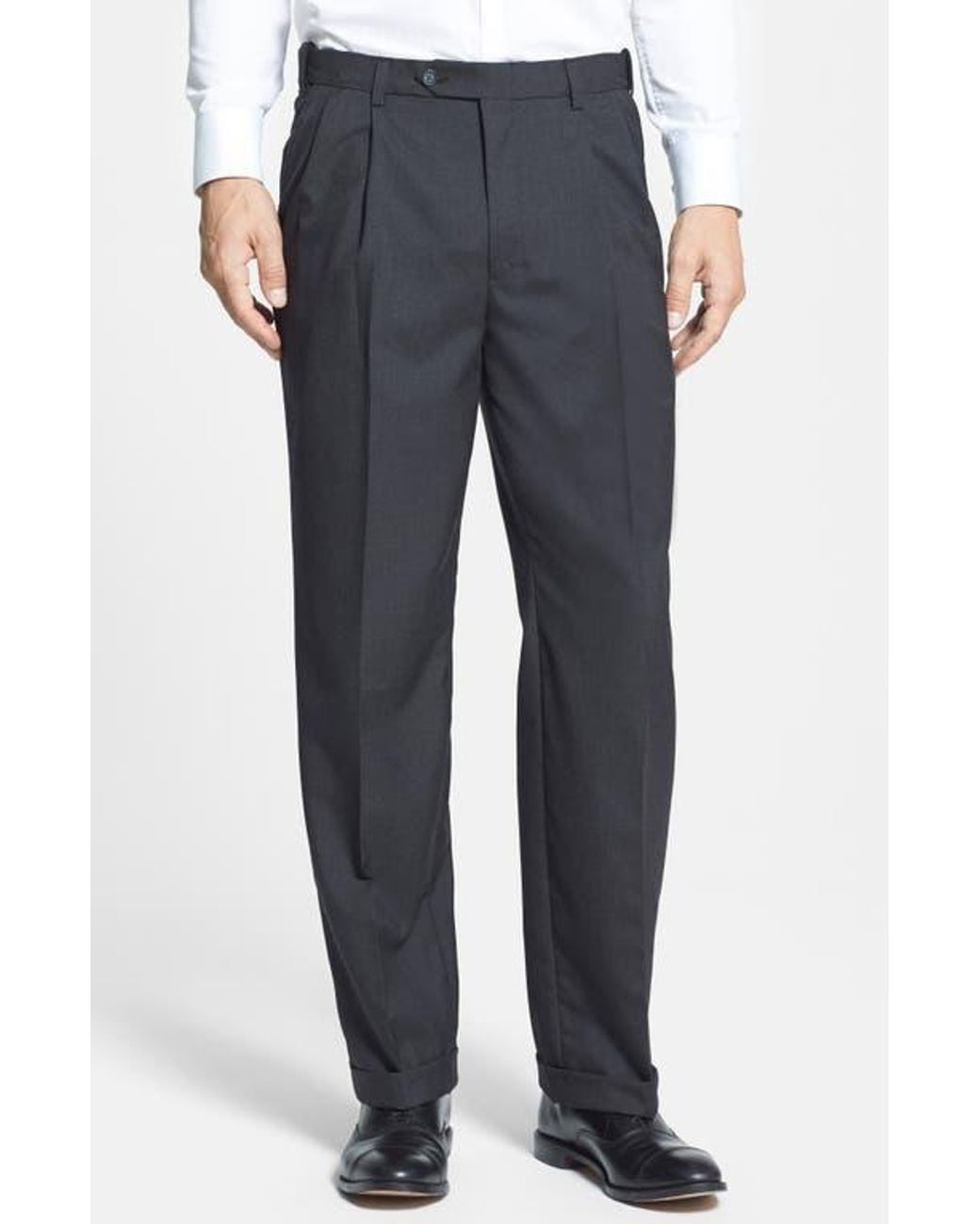 Berle Blue Self Sizer Waist Plain Weave Pleated Washable Trousers for men
